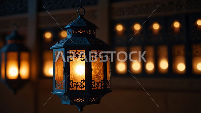 الاحتفال بقدوم رمضان المبارك، تحف واكسسوارات دينية، صورة مقربة لفانوس معدني مزخرف بتصاميم تقليدية مضيء ليلا ، زينة وأنوار الشهر الكريم، مصابيح في الاجواء الروحانية الرمضانية، زينة وانوار مناسبات اسلامية