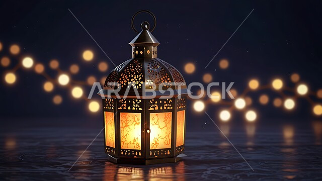 الاحتفال بقدوم رمضان المبارك، تحف واكسسوارات دينية، صورة مقربة لفانوس معدني مزخرف بتصاميم تقليدية مضيء ليلا ، زينة وأنوار الشهر الكريم، مصابيح في الاجواء الروحانية الرمضانية، زينة وانوار مناسبات اسلامية