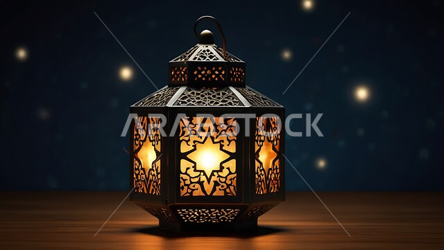 الاحتفال بقدوم رمضان المبارك، تحف واكسسوارات دينية، صورة مقربة لفانوس معدني مزخرف بتصاميم تقليدية مضيء ليلا ، زينة وأنوار الشهر الكريم، مصابيح في الاجواء الروحانية الرمضانية، زينة وانوار مناسبات اسلامية