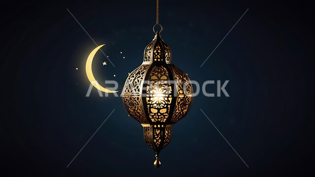 Celebrating the advent of the holy Ramadan, religious antiques and accessories, a close-up image of a metal lantern decorated with traditional designs that is illuminated at night, decorations and lights of the Holy Month, lamps in the spiritual atmosphere of Ramadan, decorations and lights for Islamic occasions