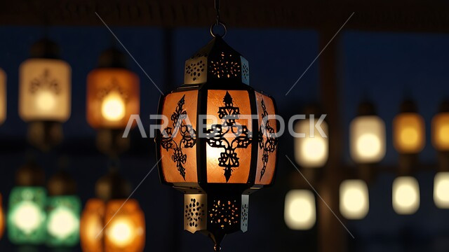 زينة وانوار مناسبات اسلامية، تحف واكسسوارات دينية، الاحتفال بقدوم رمضان المبارك، صورة مقربة لفوانيس معدنية مزخرفة بتصاميم تقليدية مضيء ليلا، زينة وأنوار الشهر الكريم، مصابيح في الاجواء الروحانية الرمضانية