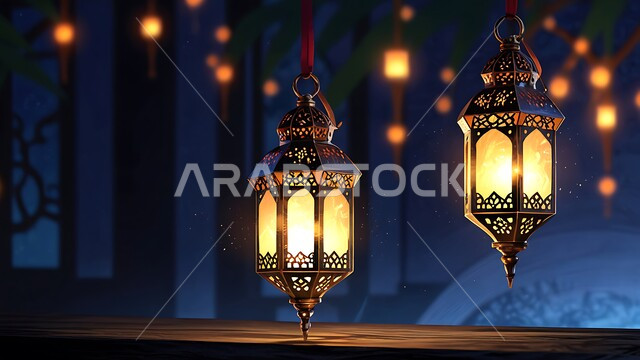 زينة وانوار مناسبات اسلامية، تحف واكسسوارات دينية، الاحتفال بقدوم رمضان المبارك، صورة مقربة لفوانيس معدنية مزخرفة بتصاميم تقليدية مضيء ليلا، زينة وأنوار الشهر الكريم، مصابيح في الاجواء الروحانية الرمضانية