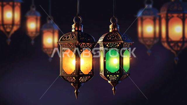 زينة وانوار مناسبات اسلامية، تحف واكسسوارات دينية، الاحتفال بقدوم رمضان المبارك، صورة مقربة لفوانيس معدنية مزخرفة بتصاميم تقليدية مضيء ليلا، زينة وأنوار الشهر الكريم، مصابيح في الاجواء الروحانية الرمضانية