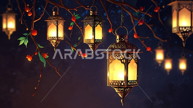 زينة وانوار مناسبات اسلامية، تحف واكسسوارات دينية، الاحتفال بقدوم رمضان المبارك، صورة مقربة لفوانيس معدنية مزخرفة بتصاميم تقليدية مضيء ليلا، زينة وأنوار الشهر الكريم، مصابيح في الاجواء الروحانية الرمضانية