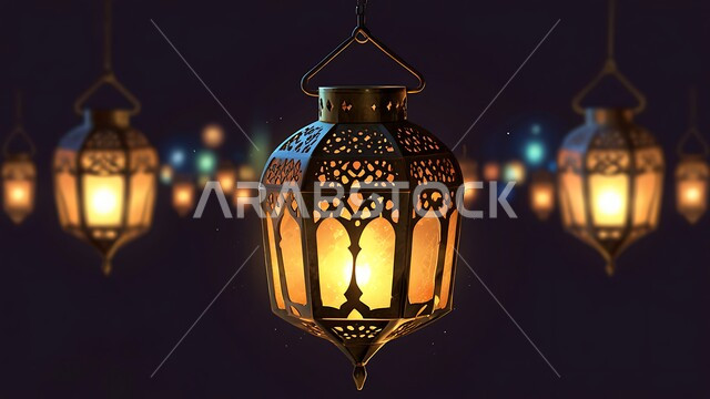 زينة وانوار مناسبات اسلامية، تحف واكسسوارات دينية، الاحتفال بقدوم رمضان المبارك، صورة مقربة لفوانيس معدنية مزخرفة بتصاميم تقليدية مضيء ليلا، زينة وأنوار الشهر الكريم، مصابيح في الاجواء الروحانية الرمضانية