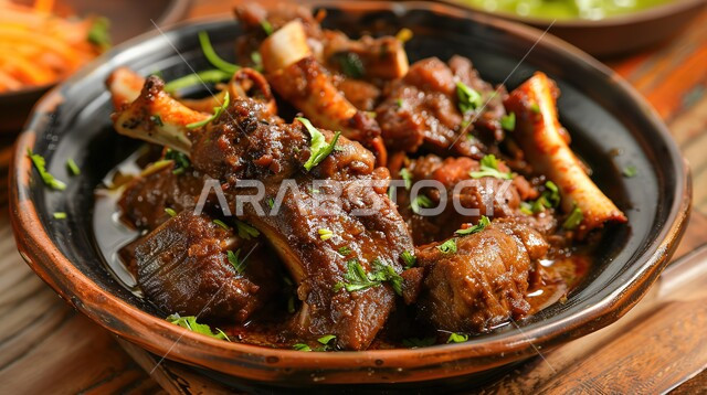 Healthy and nutritious meat meals, distinctive dishes and recipes, cooked lamb chops decorated with parsley, oriental food restaurants in Saudi Arabia