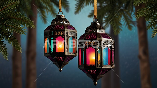 Lights and decorations in the spiritual Ramadan atmosphere, Arabic decorations and accessories, Islamic art, traditional Islamic antiques to celebrate the coming of the month of goodness, metal lanterns decorated with traditional designs, attention to sacred religious occasions.