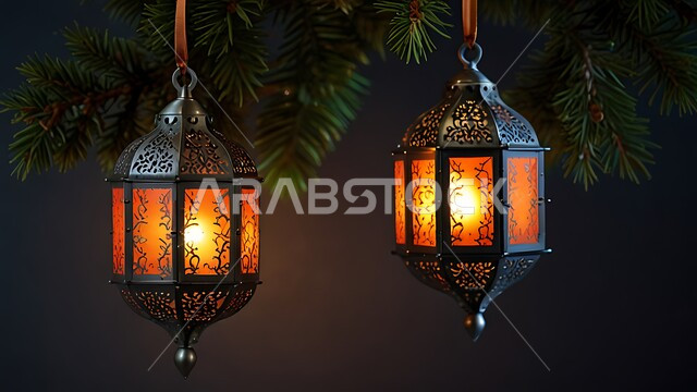 Lights and decorations in the spiritual Ramadan atmosphere, Arabic decorations and accessories, Islamic art, traditional Islamic antiques to celebrate the coming of the month of goodness, metal lanterns decorated with traditional designs, attention to sacred religious occasions.