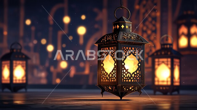 Lights and decorations in the spiritual Ramadan atmosphere, Arabic decorations and accessories, Islamic art, traditional Islamic antiques to celebrate the coming of the month of goodness, metal lanterns decorated with traditional designs, attention to sacred religious occasions.