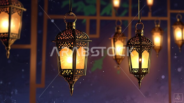 Lights and decorations in the spiritual Ramadan atmosphere, Arabic decorations and accessories, Islamic art, traditional Islamic antiques to celebrate the coming of the month of goodness, metal lanterns decorated with traditional designs, attention to sacred religious occasions.