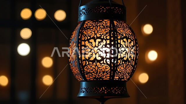 الاهتمام بالمناسبات الدينية المقدسة، أنوار وديكورات في الأجواء الرمضانية الروحانية، الزينة والاكسسوارات العربية والفن الإسلامي، تحف اسلامية تقليدية للاحتفال بقدوم شهر الخير، فانوس معدني مزخرف بتصاميم تقليدية