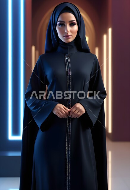 مفهوم الأناقة والأنوثة، بالمظهر الخارجي، امراه عربية سعودية  ترتدي العباءة والحجاب تنظر الى الكاميرا بايماءات الجدية والثقة بالنفس، الأزياء العصرية التقليدية، موديلات عبايات خليجية بتصاميم متنوعة، حجابات اسلامية راقية