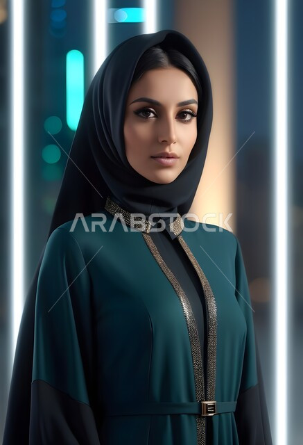 مفهوم الأناقة والأنوثة، بالمظهر الخارجي، امراه عربية سعودية  ترتدي العباءة والحجاب تنظر الى الكاميرا بايماءات الجدية والثقة بالنفس، الأزياء العصرية التقليدية، موديلات عبايات خليجية بتصاميم متنوعة، حجابات اسلامية راقية