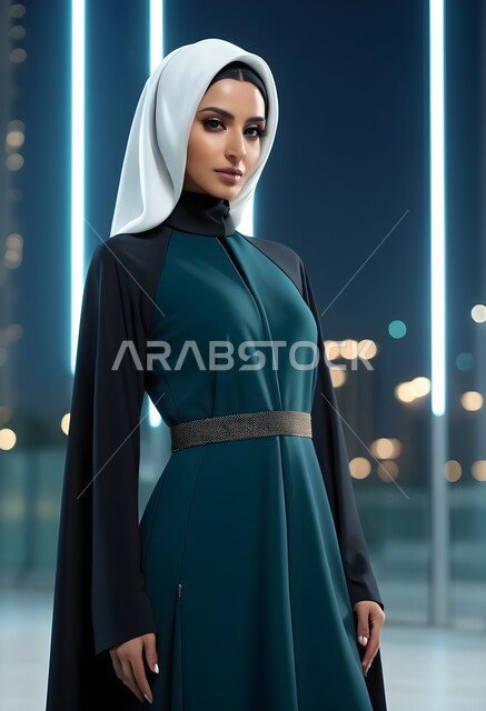 مفهوم الأناقة والأنوثة، بالمظهر الخارجي، امراه عربية سعودية  ترتدي العباءة والحجاب تنظر الى الكاميرا بايماءات الجدية والثقة بالنفس، الأزياء العصرية التقليدية، موديلات عبايات خليجية بتصاميم متنوعة، حجابات اسلامية راقية