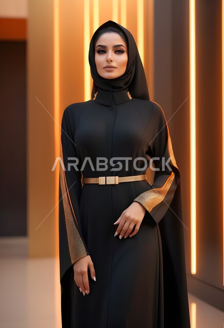 مفهوم الأناقة والأنوثة، بالمظهر الخارجي، امراه عربية سعودية  ترتدي العباءة والحجاب تنظر الى الكاميرا بايماءات الجدية والثقة بالنفس، الأزياء العصرية التقليدية، موديلات عبايات خليجية بتصاميم متنوعة، حجابات اسلامية راقية