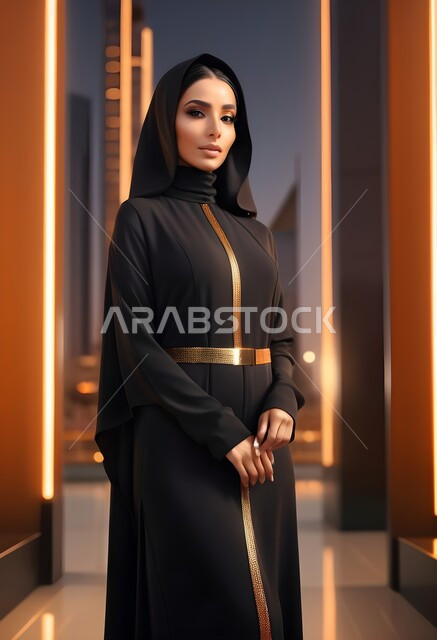 مفهوم الأناقة والأنوثة، بالمظهر الخارجي، امراه عربية سعودية  ترتدي العباءة والحجاب تنظر الى الكاميرا بايماءات الجدية والثقة بالنفس، الأزياء العصرية التقليدية، موديلات عبايات خليجية بتصاميم متنوعة، حجابات اسلامية راقية