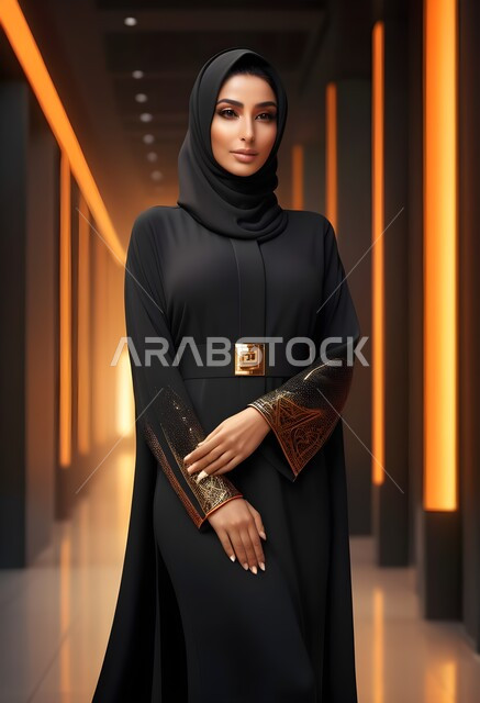 مفهوم الأناقة والأنوثة، بالمظهر الخارجي، امراه عربية سعودية  ترتدي العباءة والحجاب تنظر الى الكاميرا بايماءات الجدية والثقة بالنفس، الأزياء العصرية التقليدية، موديلات عبايات خليجية بتصاميم متنوعة، حجابات اسلامية راقية