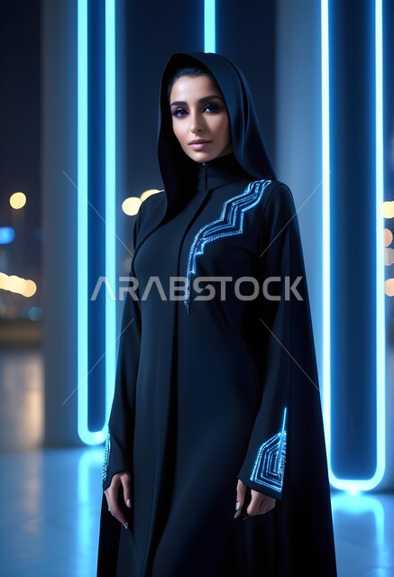 مفهوم الأناقة والأنوثة، الاهتمام بالمظهر الخارجي، امراه عربية سعودية  ترتدي العباءة والحجاب تنظر الى الكاميرا بايماءات الجدية والثقة بالنفس، الأزياء العصرية التقليدية، موديلات عبايات خليجية بتصاميم متنوعة، حجابات اسلامية راقية