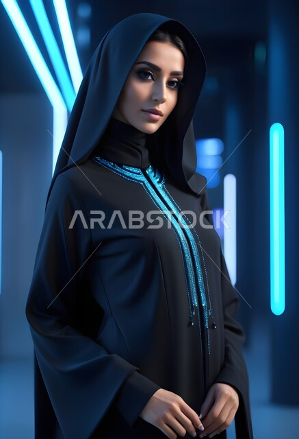 مفهوم الأناقة والأنوثة، الاهتمام بالمظهر الخارجي، امراه عربية سعودية  ترتدي العباءة والحجاب تنظر الى الكاميرا بايماءات الجدية والثقة بالنفس، الأزياء العصرية التقليدية، موديلات عبايات خليجية بتصاميم متنوعة، حجابات اسلامية راقية