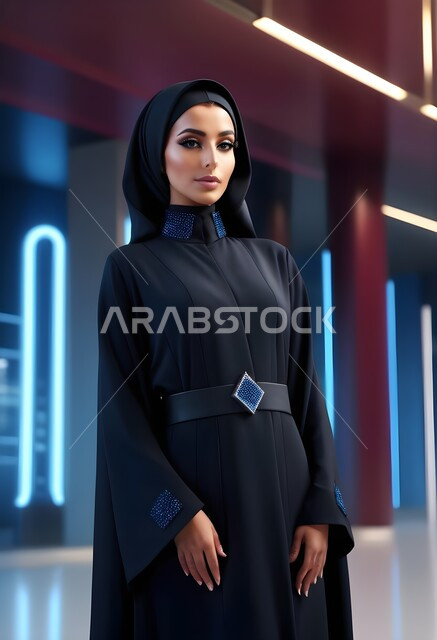 The concept of elegance and femininity, attention to external appearance, a Saudi Arab woman wearing the abaya and hijab, looking at the camera with gestures of seriousness and self-confidence, traditional modern fashion, Gulf abaya models with various designs, sophisticated Islamic hijabs