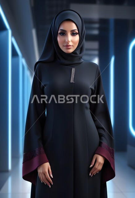 مفهوم الأناقة والأنوثة، الاهتمام بالمظهر الخارجي، امراه عربية سعودية  ترتدي العباءة والحجاب تنظر الى الكاميرا بايماءات الجدية والثقة بالنفس، الأزياء العصرية التقليدية، موديلات عبايات خليجية بتصاميم متنوعة، حجابات اسلامية راقية