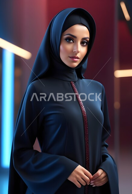 مفهوم الأناقة والأنوثة، الاهتمام بالمظهر الخارجي، امراه عربية سعودية  ترتدي العباءة والحجاب تنظر الى الكاميرا بايماءات الجدية والثقة بالنفس، الأزياء العصرية التقليدية، موديلات عبايات خليجية بتصاميم متنوعة، حجابات اسلامية راقية