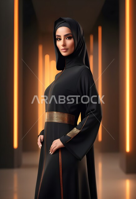 مفهوم الأناقة والأنوثة، الاهتمام بالمظهر الخارجي، امراه عربية سعودية  ترتدي العباءة والحجاب تنظر الى الكاميرا بايماءات الجدية والثقة بالنفس، الأزياء العصرية التقليدية، موديلات عبايات خليجية بتصاميم متنوعة، حجابات اسلامية راقية