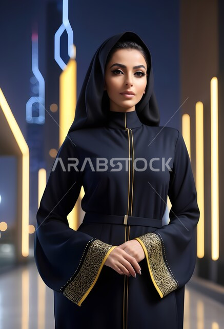 الأزياء العصرية التقليدية، الاهتمام بالمظهر الخارجي، مفهوم الأناقة والأنوثة، امراه عربية سعودية  ترتدي العباءة والحجاب تنظر الى الكاميرا بايماءات الجدية والثقة بالنفس، موديلات عبايات خليجية بتصاميم متنوعة، حجابات اسلامية راقية