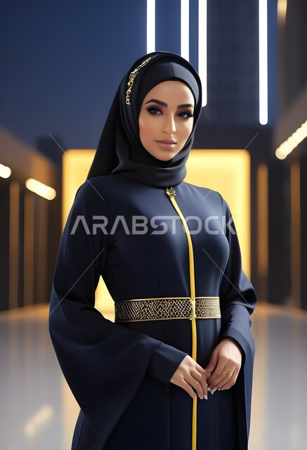 Traditional modern fashion, attention to external appearance, the concept of elegance and femininity, a Saudi Arab woman wearing the abaya and hijab, looking at the camera with gestures of seriousness and self-confidence, Gulf abaya models with various designs, sophisticated Islamic hijabs