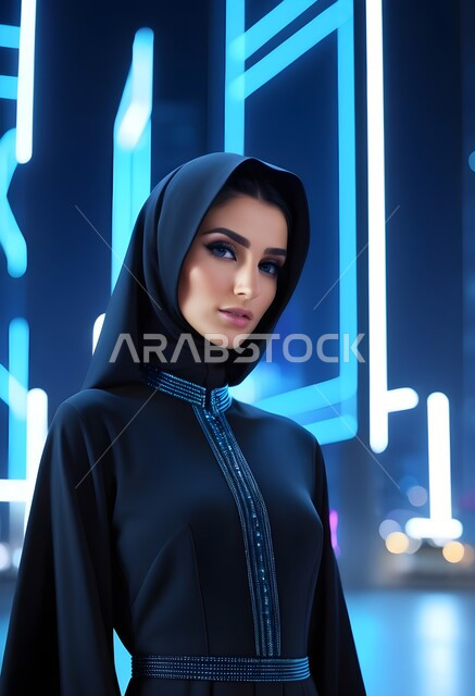 الأزياء العصرية التقليدية، الاهتمام بالمظهر الخارجي، مفهوم الأناقة والأنوثة، امراه عربية سعودية  ترتدي العباءة والحجاب تنظر الى الكاميرا بايماءات الجدية والثقة بالنفس، موديلات عبايات خليجية بتصاميم متنوعة، حجابات اسلامية راقية