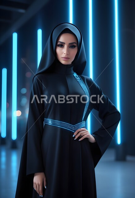 الأزياء العصرية التقليدية، الاهتمام بالمظهر الخارجي، مفهوم الأناقة والأنوثة، امراه عربية سعودية  ترتدي العباءة والحجاب تنظر الى الكاميرا بايماءات الجدية والثقة بالنفس، موديلات عبايات خليجية بتصاميم متنوعة، حجابات اسلامية راقية