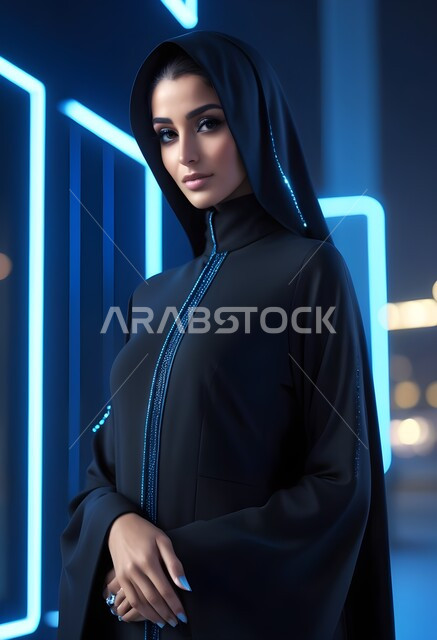 Traditional modern fashion, attention to external appearance, the concept of elegance and femininity, a Saudi Arab woman wearing the abaya and hijab, looking at the camera with gestures of seriousness and self-confidence, Gulf abaya models with various designs, sophisticated Islamic hijabs