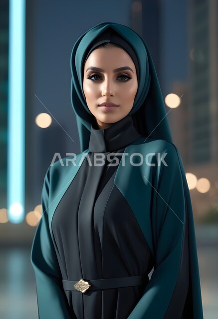 Traditional modern fashion, attention to external appearance, the concept of elegance and femininity, a Saudi Arab woman wearing the abaya and hijab, looking at the camera with gestures of seriousness and self-confidence, Gulf abaya models with various designs, sophisticated Islamic hijabs