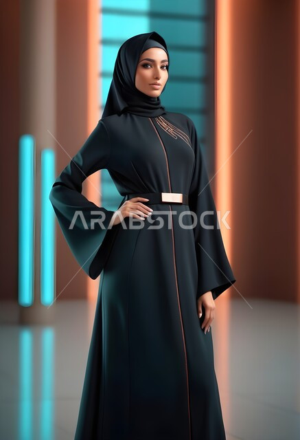  حجابات اسلامية راقية، الاهتمام بالمظهر الخارجي، مفهوم الأناقة والأنوثة، امراه عربية سعودية  ترتدي العباءة والحجاب تنظر الى الكاميرا بايماءات الجدية والثقة بالنفس، الأزياء العصرية التقليدية، موديلات عبايات خليجية بتصاميم متنوعة
