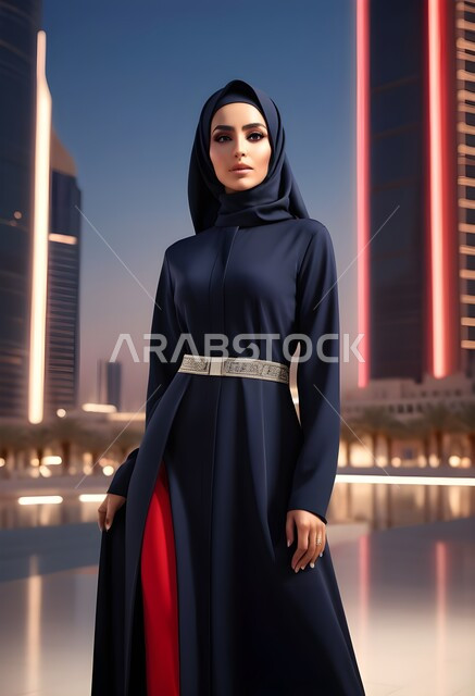  حجابات اسلامية راقية، الاهتمام بالمظهر الخارجي، مفهوم الأناقة والأنوثة، امراه عربية سعودية  ترتدي العباءة والحجاب تنظر الى الكاميرا بايماءات الجدية والثقة بالنفس، الأزياء العصرية التقليدية، موديلات عبايات خليجية بتصاميم متنوعة