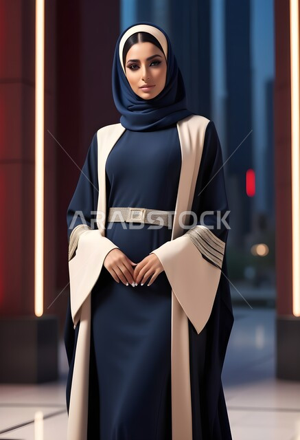  حجابات اسلامية راقية، الاهتمام بالمظهر الخارجي، مفهوم الأناقة والأنوثة، امراه عربية سعودية  ترتدي العباءة والحجاب تنظر الى الكاميرا بايماءات الجدية والثقة بالنفس، الأزياء العصرية التقليدية، موديلات عبايات خليجية بتصاميم متنوعة
