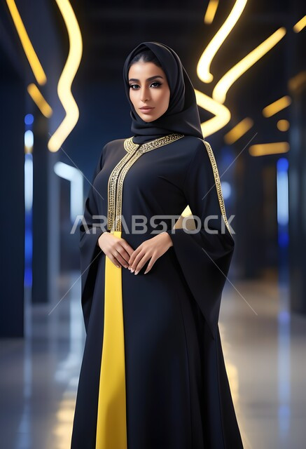  حجابات اسلامية راقية، الاهتمام بالمظهر الخارجي، مفهوم الأناقة والأنوثة، امراه عربية سعودية  ترتدي العباءة والحجاب تنظر الى الكاميرا بايماءات الجدية والثقة بالنفس، الأزياء العصرية التقليدية، موديلات عبايات خليجية بتصاميم متنوعة
