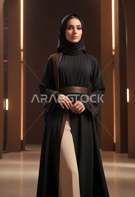 موديلات عبايات خليجية بتصاميم متنوعة، الاهتمام بالمظهر الخارجي، مفهوم الأناقة والأنوثة، امراه عربية سعودية  ترتدي العباءة والحجاب تنظر الى الكاميرا بايماءات الجدية والثقة بالنفس، الأزياء العصرية التقليدية، حجابات اسلامية راقية