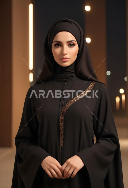 موديلات عبايات خليجية بتصاميم متنوعة، الاهتمام بالمظهر الخارجي، مفهوم الأناقة والأنوثة، امراه عربية سعودية  ترتدي العباءة والحجاب تنظر الى الكاميرا بايماءات الجدية والثقة بالنفس، الأزياء العصرية التقليدية، حجابات اسلامية راقية