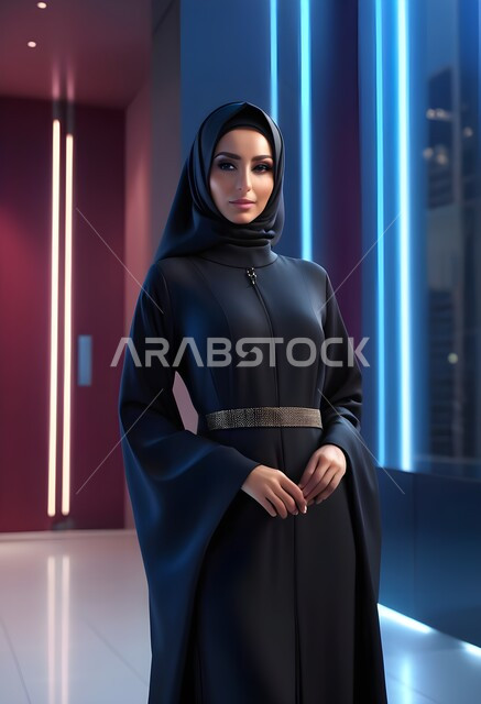  ايماءات الجدية والثقة بالنفس، الاهتمام بالمظهر الخارجي، مفهوم الأناقة والأنوثة، امراه عربية سعودية  ترتدي العباءة والحجاب مبتسمة و تنظر الى الكاميرا ، الأزياء العصرية التقليدية، موديلات عبايات خليجية بتصاميم متنوعة، حجابات اسلامية راقية