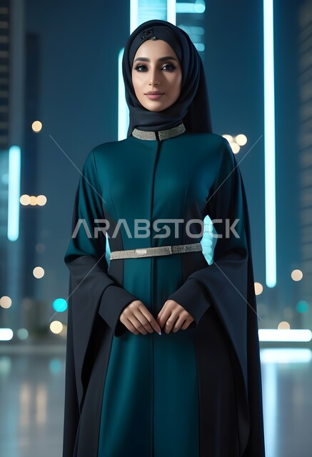 Gestures of seriousness and self-confidence, attention to external appearance, the concept of elegance and femininity, a Saudi Arab woman wearing the abaya and hijab, smiling and looking at the camera, traditional modern fashion, Gulf abaya models with various designs, sophisticated Islamic hijabs