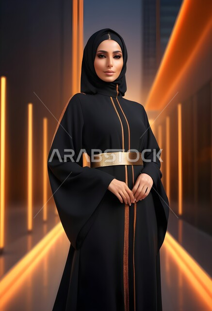 Gestures of seriousness and self-confidence, attention to external appearance, the concept of elegance and femininity, a Saudi Arab woman wearing the abaya and hijab, smiling and looking at the camera, traditional modern fashion, Gulf abaya models with various designs, sophisticated Islamic hijabs