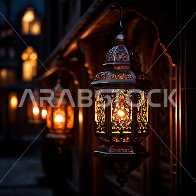 زينة و ديكورات و أنوار الاحتفالات بالمناسبات و الأعياد الدينية الإسلامية, فانوس معدني مزخرف مضيء معلق, البهجة بقدوم رمضان المبارك, أضواء و مصابيح عربية تقليدية, الأجواء الروحانية في الأيام الفضيلة, الاستعداد لاستقبال الشهر الفضيل