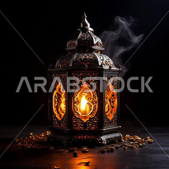 زينة و ديكورات و أنوار الاحتفالات بالمناسبات و الأعياد الدينية الإسلامية, فانوس معدني مزخرف مضيء, البهجة بقدوم رمضان المبارك, أضواء و مصابيح عربية تقليدية, الأجواء الروحانية في الأيام الفضيلة, الاستعداد لاستقبال الشهر الفضيل