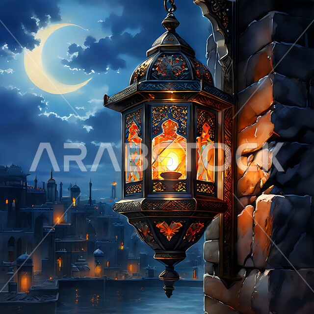 زينة و ديكورات و أنوار الاحتفالات بالمناسبات و الأعياد الدينية الإسلامية, فانوس معدني مزخرف مضيء معلق, البهجة بقدوم رمضان المبارك, أضواء و مصابيح عربية تقليدية, الأجواء الروحانية في الأيام الفضيلة, الاستعداد لاستقبال الشهر الفضيل