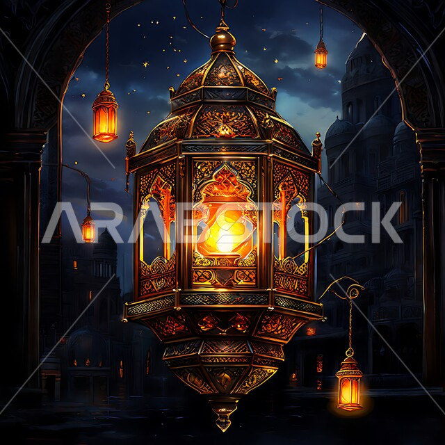 زينة و ديكورات و أنوار الاحتفالات بالمناسبات و الأعياد الدينية الإسلامية, فانوس معدني مزخرف مضيء معلق, البهجة بقدوم رمضان المبارك, أضواء و مصابيح عربية تقليدية, الأجواء الروحانية في الأيام الفضيلة, الاستعداد لاستقبال الشهر الفضيل