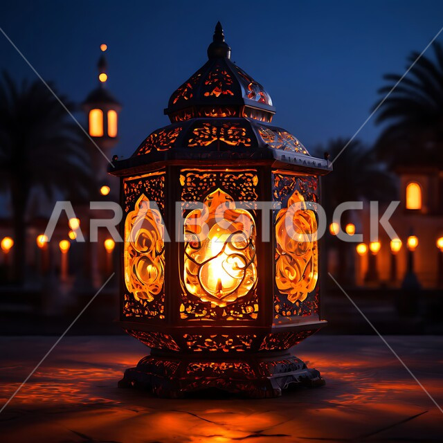 A decorative, luminous metal lantern, the joy of the coming of the holy Ramadan, traditional Arabic lights and lamps, decorations, decorations and lights for celebrations of Islamic religious occasions and holidays, the spiritual atmosphere on the holy days, preparing to welcome the holy month