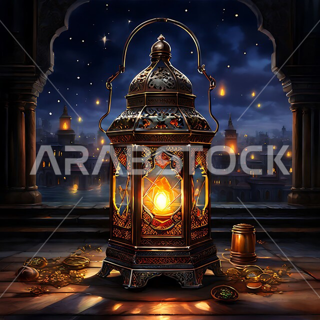  فانوس معدني مزخرف مضيء, البهجة بقدوم رمضان المبارك, أضواء و مصابيح عربية تقليدية, زينة و ديكورات و أنوار الاحتفالات بالمناسبات و الأعياد الدينية الإسلامية, الأجواء الروحانية في الأيام الفضيلة, الاستعداد لاستقبال الشهر الفضيل