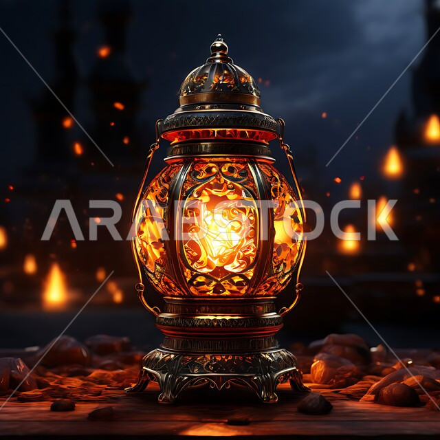 A decorative, luminous metal lantern, the joy of the coming of the holy Ramadan, traditional Arabic lights and lamps, decorations, decorations and lights for celebrations of Islamic religious occasions and holidays, the spiritual atmosphere on the holy days, preparing to welcome the holy month
