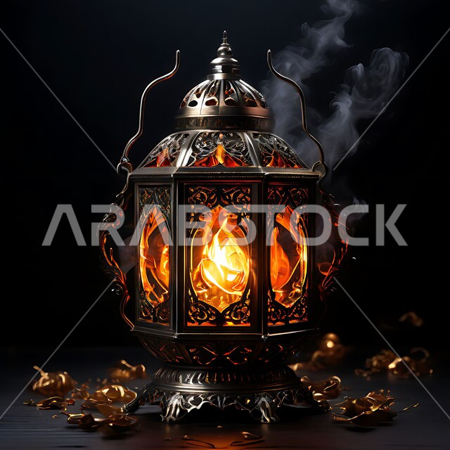 A decorative, luminous metal lantern, the joy of the coming of the holy Ramadan, traditional Arabic lights and lamps, decorations, decorations and lights for celebrations of Islamic religious occasions and holidays, the spiritual atmosphere on the holy days, preparing to welcome the holy month